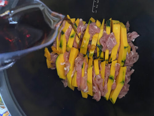 ホットクックレシピ「かぼちゃと豚肉のチーズミルフィーユ」レシピの調理画像