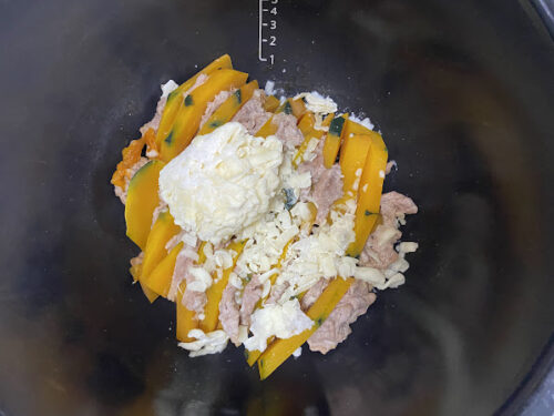 ホットクックレシピ「かぼちゃと豚肉のチーズミルフィーユ」レシピの調理画像
