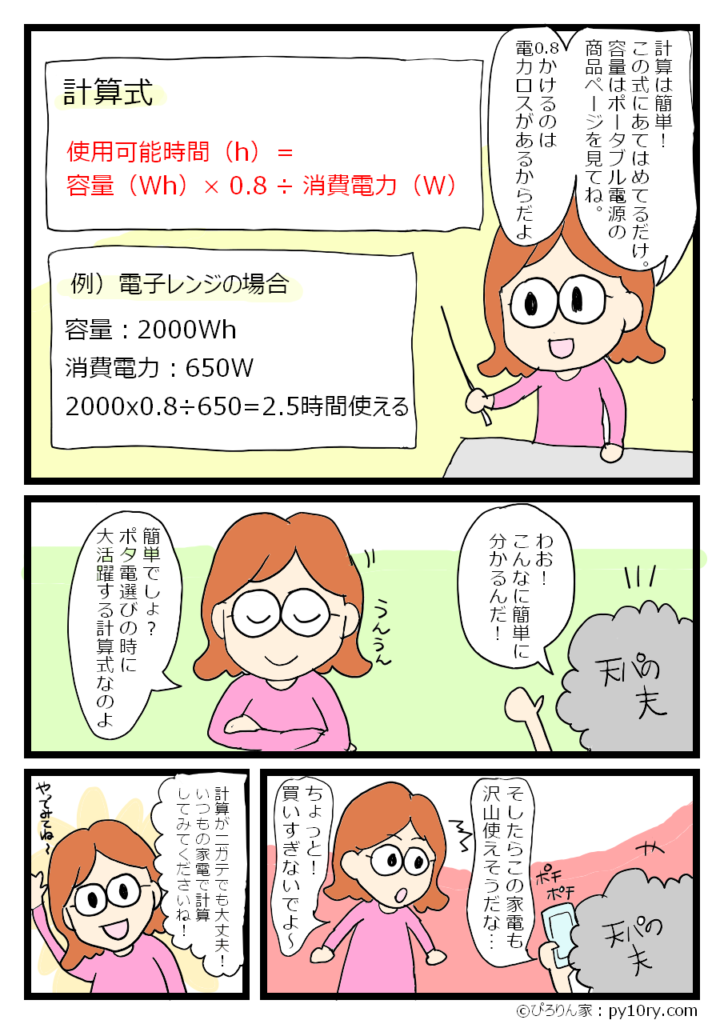 ポータブル電源の使用時間計算方法についての漫画